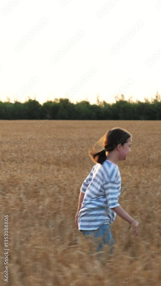 Active children rushing running across wheat meadow at sunset playing catch-up. Vigorous lively children sister brother boy girl fleeing through field. Feeling of carelessness carefreeness joy concept Active children rushing running across wheat meadow at sunset playing catch-up. Vigorous lively children sister brother boy girl fleeing through field. Feeling of carelessness carefreeness joy concept