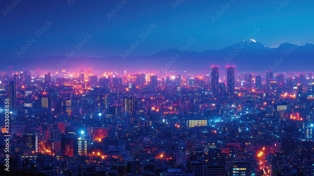 Fototapeta premium Night Lights of Urban Skyline with Majestic Mountain Backdrop