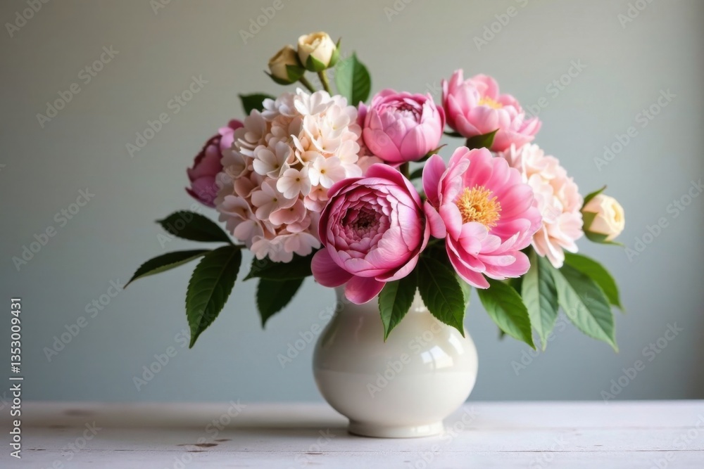 Fototapeta premium Floral arrangement with peonies and hydrangeas in a delicate vase , peonies, bouquet