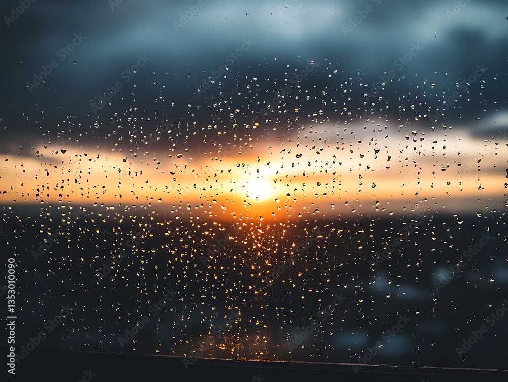 Fototapeta premium The golden sunset viewed through rain covered window glass