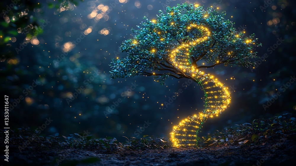 Glowing DNA helix shaped as tree of life in mystical forest.