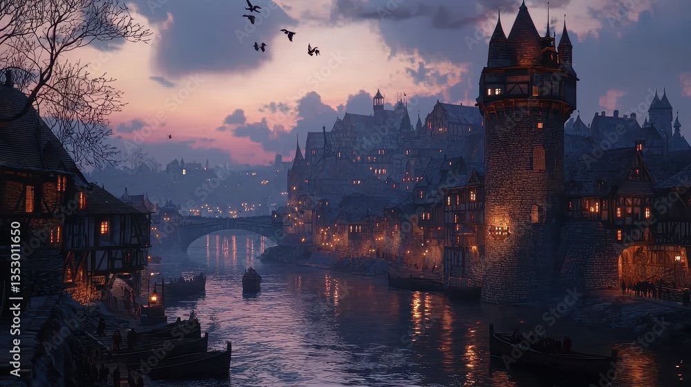 Naklejka premium Picturesque waterside town with illuminated buildings, charming bridge and birds soaring in the twilight sky, evokes a sense of magic.