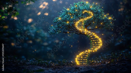 Obraz na płótnie Glowing DNA helix shaped as tree of life in mystical forest. w salonie