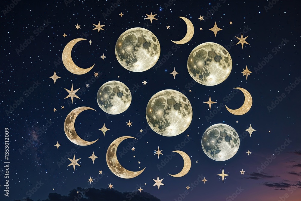 Naklejka premium Moonlit Celebrations Showcase Moon Shapes Against a Starlit Canvas