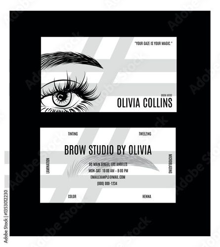 Eyebrow artist business visit card template. Microblading, tinting, tweezing and other procedures for eyebrows
