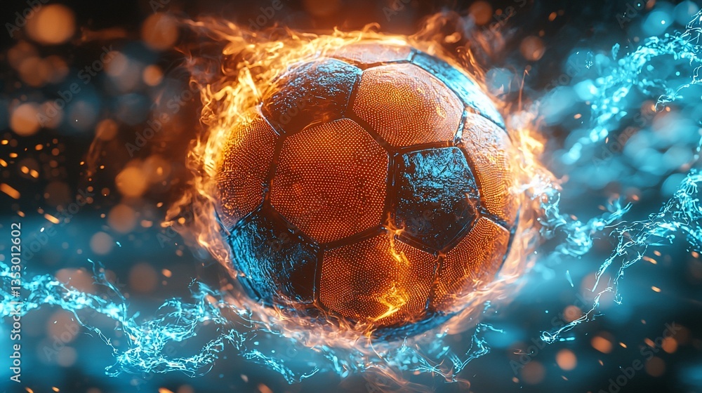 Fiery soccer ball engulfed in flames and icy blue energy.