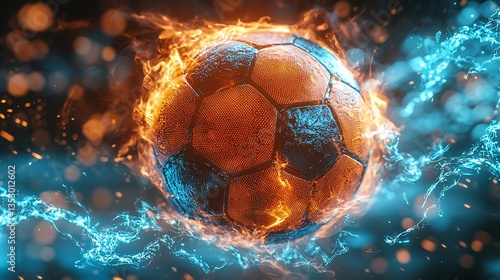 Obraz na płótnie Fiery soccer ball engulfed in flames and icy blue energy. w salonie