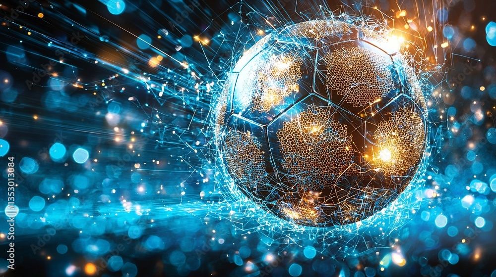 Glowing soccer ball with energy trails.