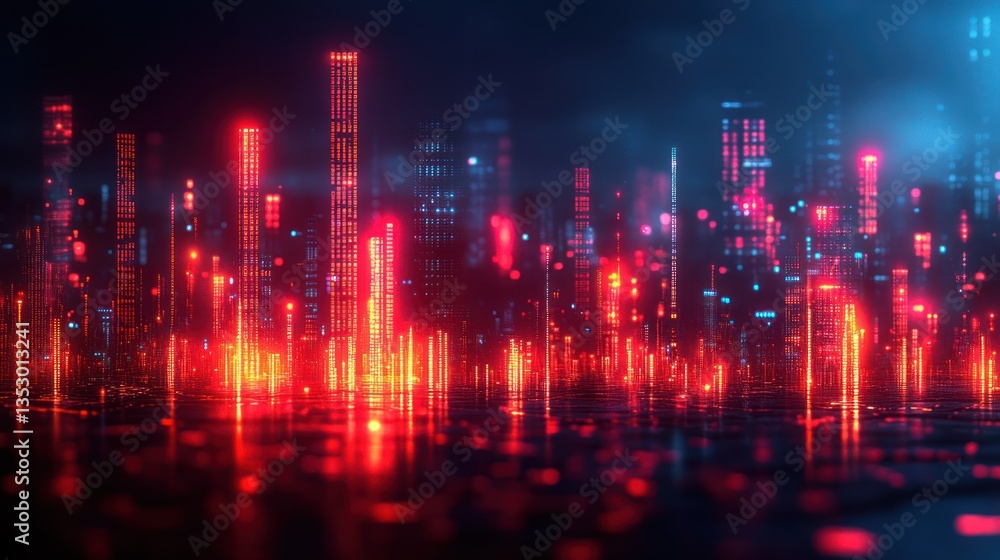 Neon cityscape at night, reflecting on wet ground. Neon cityscape at night, reflecting on wet ground.