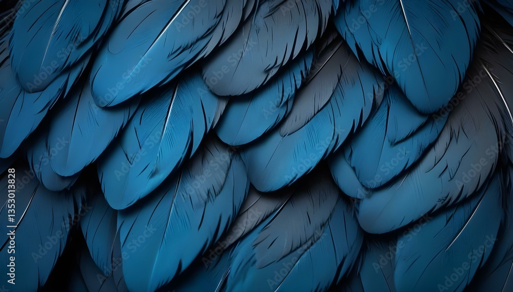 Obraz premium Close-up shot of overlapping blue feathers, creating a textured pattern with soft, diffused lighting