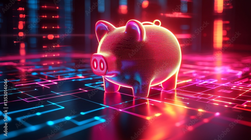 Glowing piggy bank on digital circuit board.