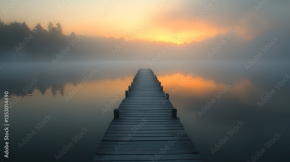Fototapeta premium Misty Sunrise over Serene Lake with Wooden Dock