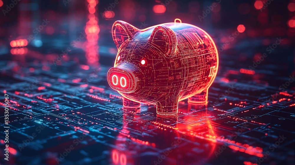 Transparent digital piggy bank on circuit board.