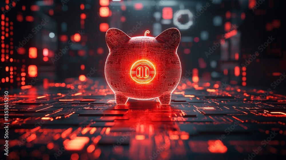 Futuristic piggy bank glowing on circuit board.