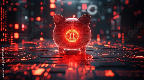Futuristic piggy bank glowing on circuit board.