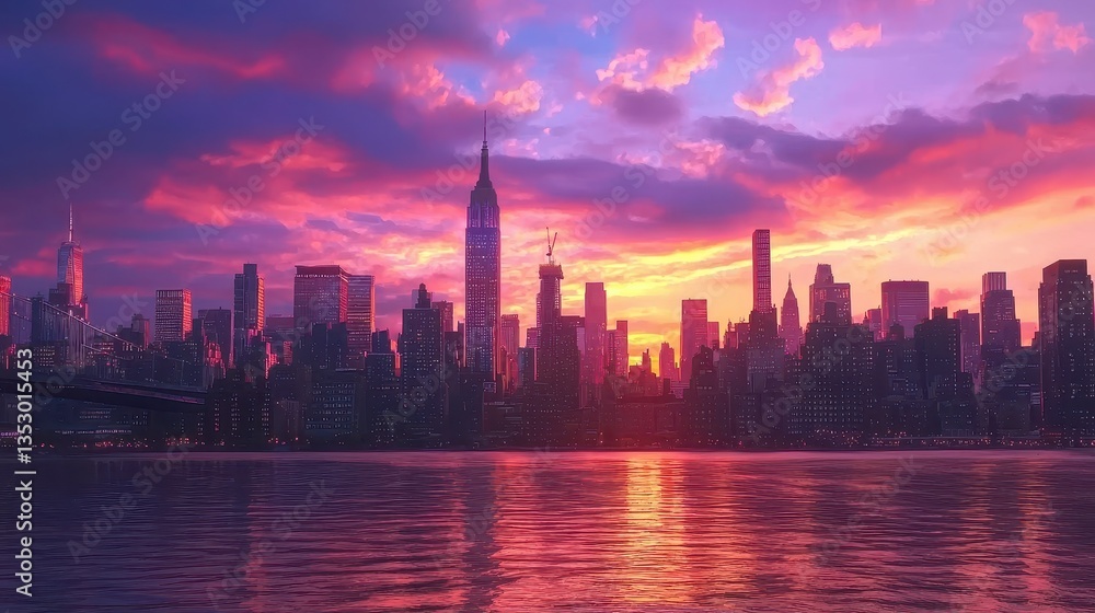 Cityscape silhouette basks in a vivid sunset, creating a stunning skyline with reflected light across the still water. Cityscape silhouette basks in a vivid sunset, creating a stunning skyline with reflected light across the still water.