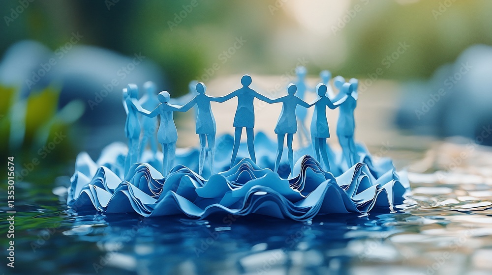 Unity, community, people holding hands in a circle on a blue island in water.