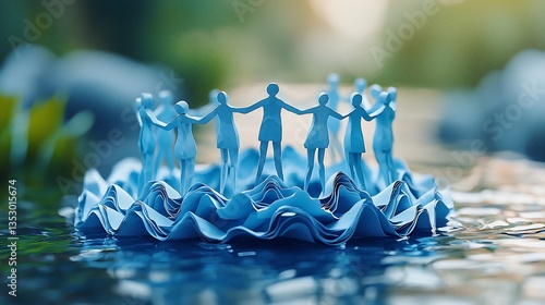 Obraz na płótnie Unity, community, people holding hands in a circle on a blue island in water. w salonie