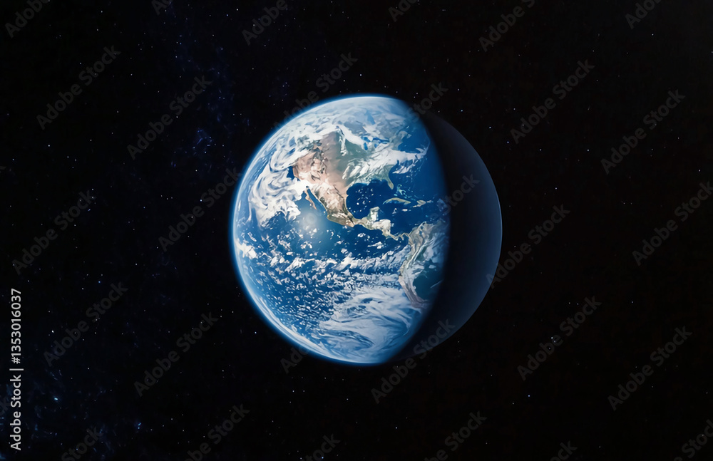 A view of earth from space showing north and south america with clouds and a dark background of stars A view of earth from space showing north and south america with clouds and a dark background of stars