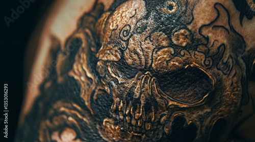Macro shot of a tattoo in the process of healing, ink settling into the textured skin.