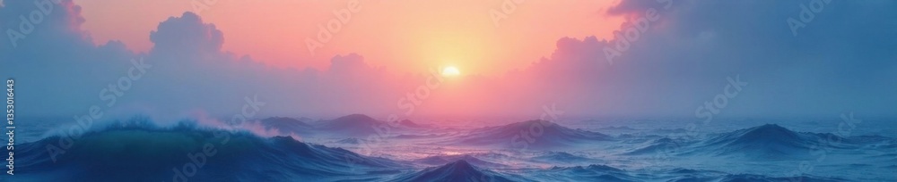 Obraz premium Gradient ocean hues blending into misty dawn sky, peaceful, soft, natural