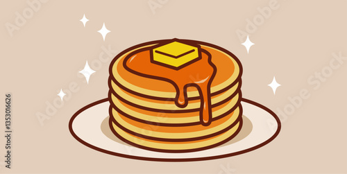 A cute cartoon illustration of a stack of pancakes with small pat of butter and a splash of syrup on top. Perfect for fun and uplifting food-themed designs.