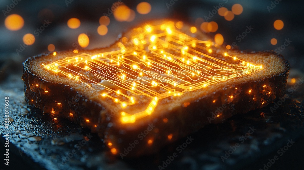 Glowing circuit lines embedded in a slice of toasted bread.