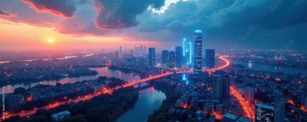 Fototapeta premium Industrial blueprint overlay on a futuristic cityscape, architecture, industrial