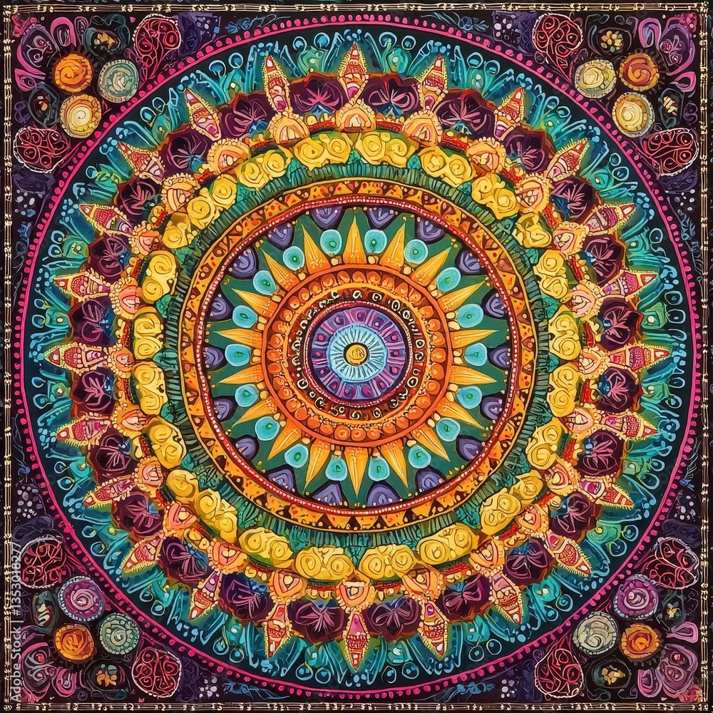 A vibrant and colorful mandala art piece featuring intricate patterns and designs, radiating outwards from the center in a circular formation. A vibrant and colorful mandala art piece featuring intricate patterns and designs, radiating outwards from the center in a circular formation.