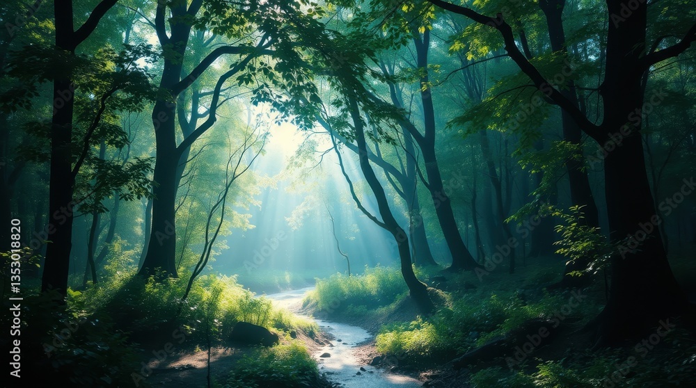 Fototapeta premium Enchanted Forest with Sunlight Rays and Serene Stream