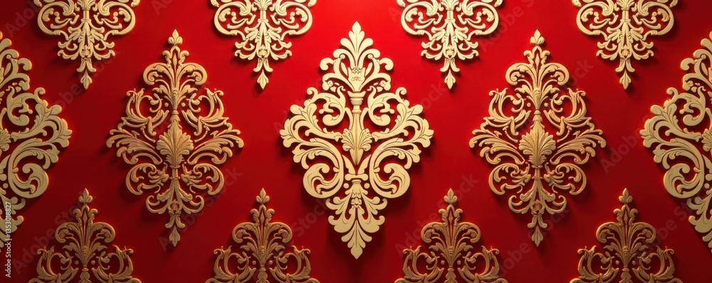 Intricate damask design on red wallpaper featuring gold and cream hues, decorative accents, patterned walls Intricate damask design on red wallpaper featuring gold and cream hues, decorative accents, patterned walls