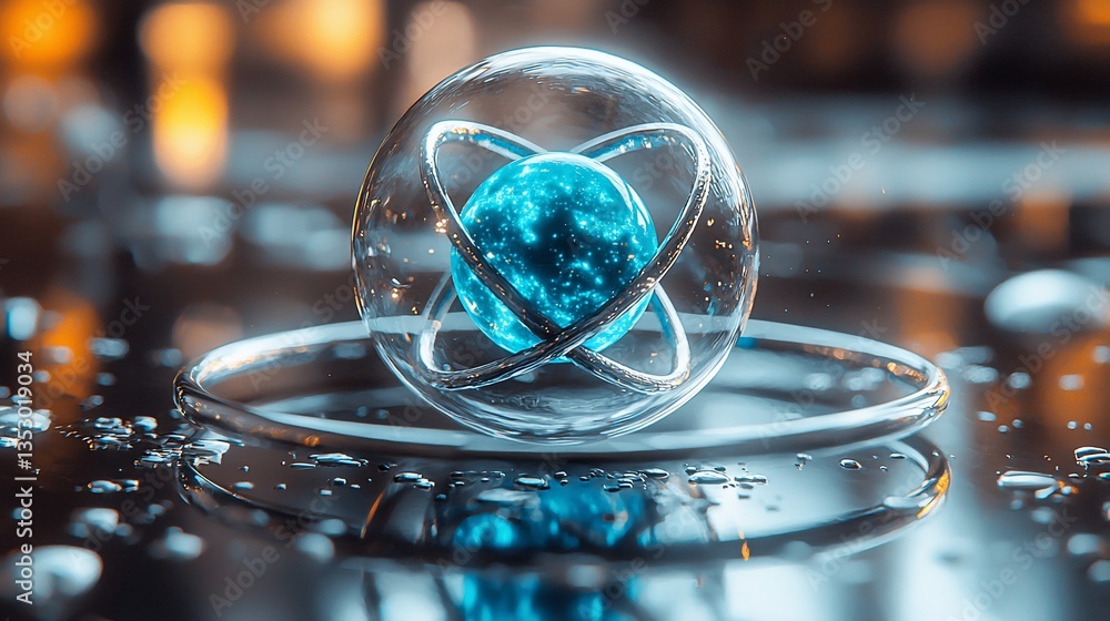 Glass sphere enclosing glowing blue atom model.