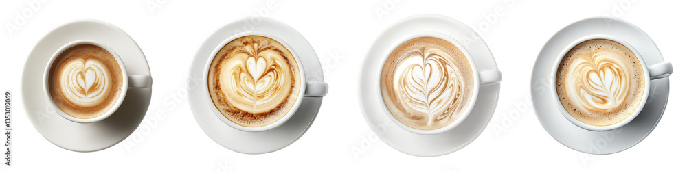 Four lattes each display heart or leaf latte art on white saucers seen from above. Four lattes each display heart or leaf latte art on white saucers seen from above.