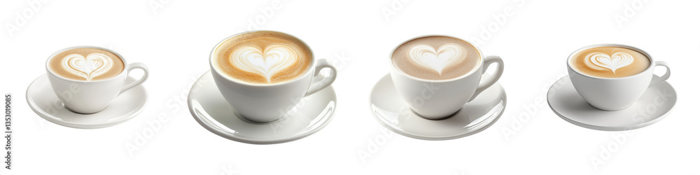 Four coffee cups featuring latte art heart designs. Four coffee cups featuring latte art heart designs.
