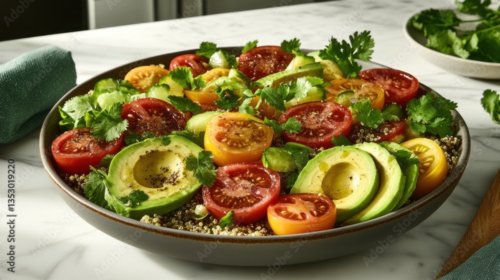 Fresh Colorful Salad with Avocado, Tomatoes, Quinoa, and Herbs on Marble Countertop Fresh Colorful Salad with Avocado, Tomatoes, Quinoa, and Herbs on Marble Countertop