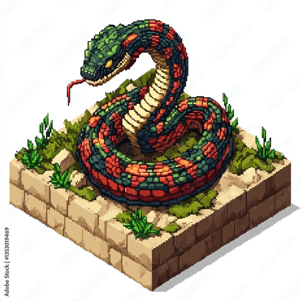 Obraz premium Coiled Snake Pixel Art on Stone Pedestal with Red Tongue