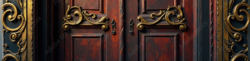 Intricate gold scroll adorns ancient wooden door frame, decorative, ancient Intricate gold scroll adorns ancient wooden door frame, decorative, ancient