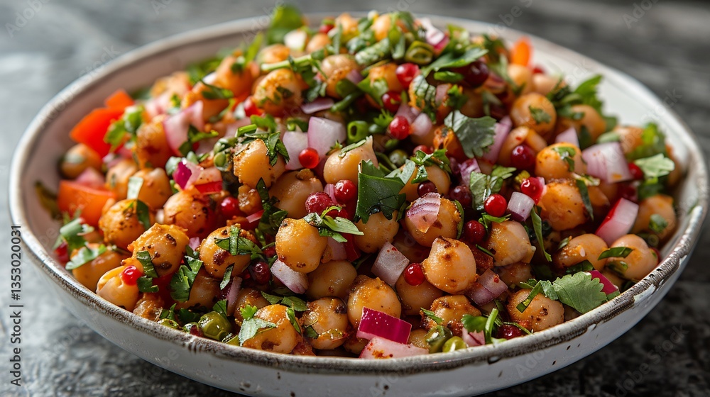 Pakistani chana chaat chickpea salad yogurt and tamarind chutney plated in a white bowl Pakistani chana chaat chickpea salad yogurt and tamarind chutney plated in a white bowl