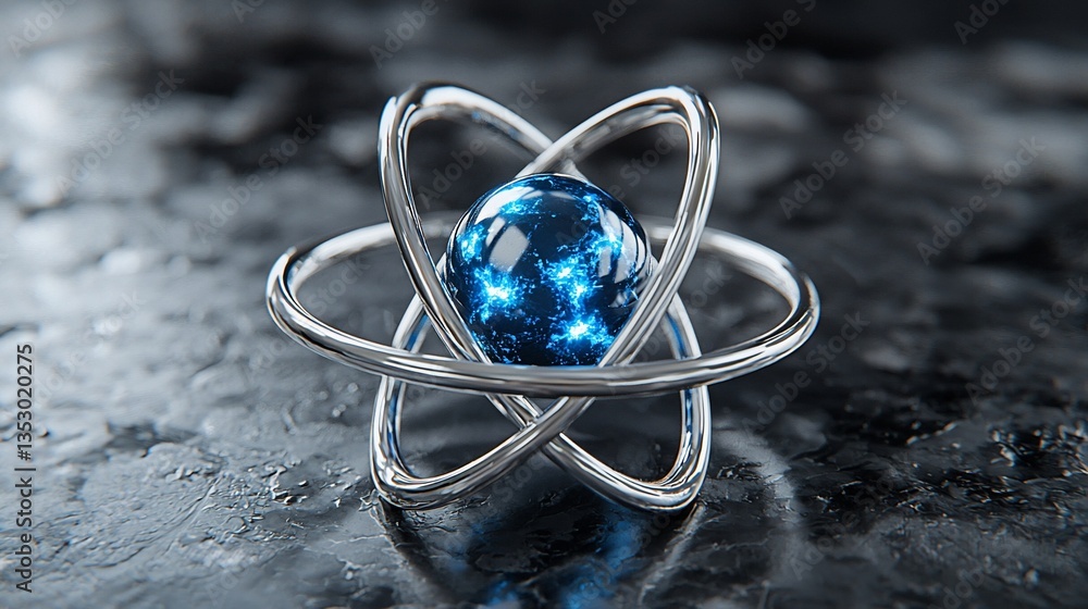 Abstract atom model with glowing core.