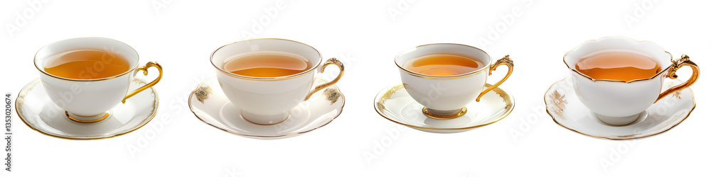 Four ornate teacups filled with golden liquid on matching saucers gilded detailing adorns the elegant porcelain set. Four ornate teacups filled with golden liquid on matching saucers gilded detailing adorns the elegant porcelain set.