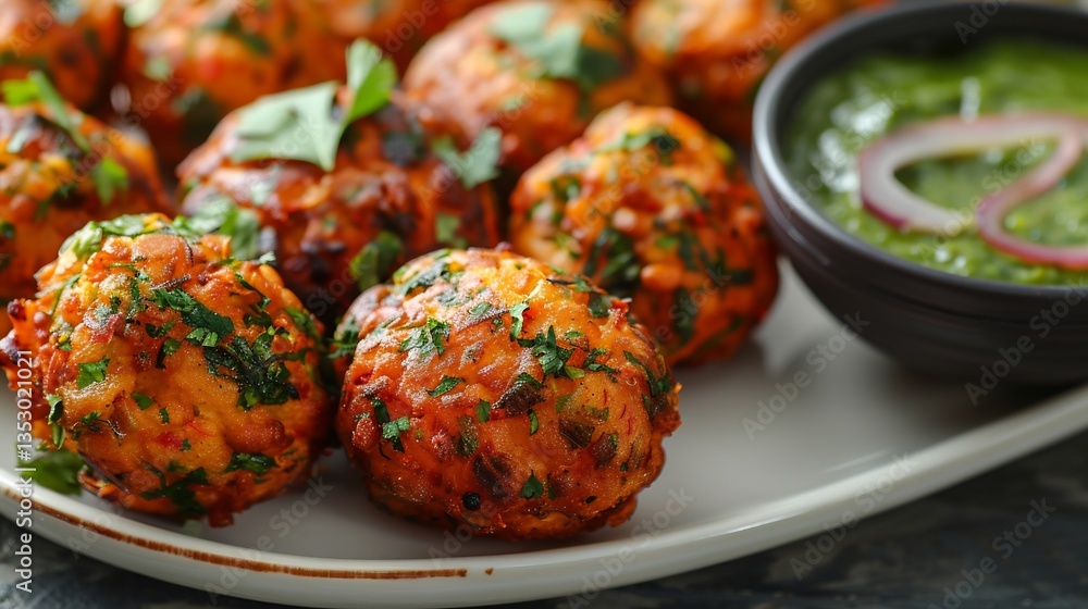 Pakistani vegetable pakoras tamarind chutney served on a clean white plate Pakistani vegetable pakoras tamarind chutney served on a clean white plate