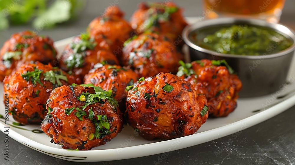 Fototapeta premium Pakistani vegetable pakoras tamarind chutney served on a clean white plate
