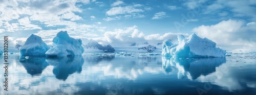 Large icebergs floating in an expansive ocean under a cloudy sky