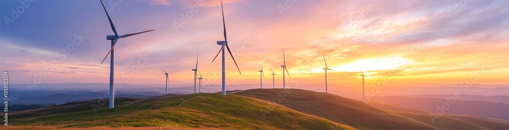 Obraz premium Wind turbines stand on a green hill at a vibrant sunrise