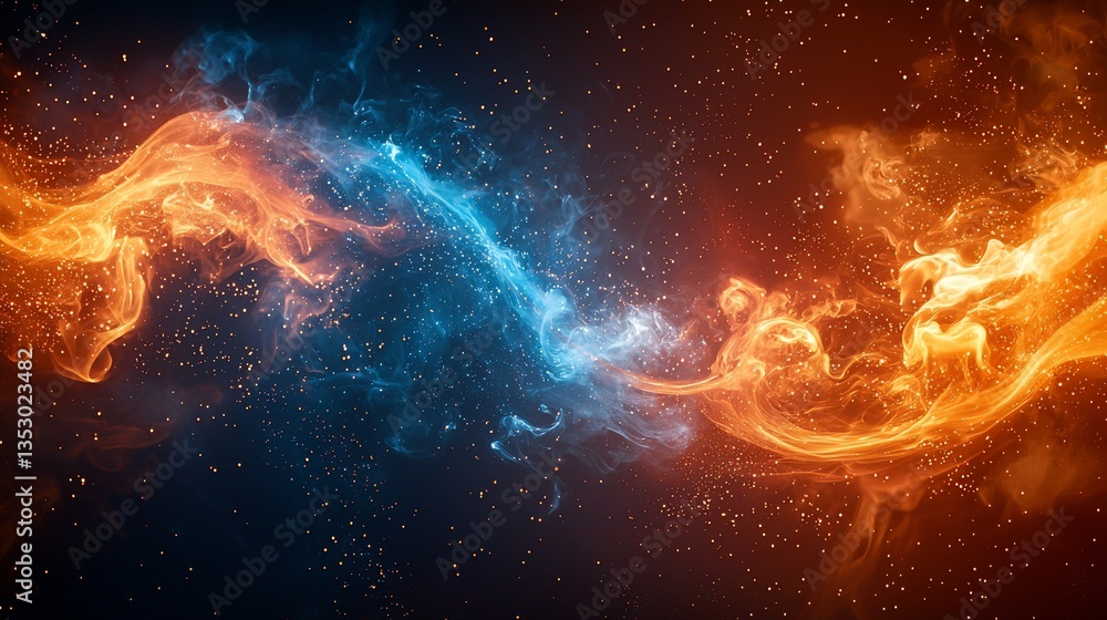 Abstract fiery and icy swirls clashing in dark space.