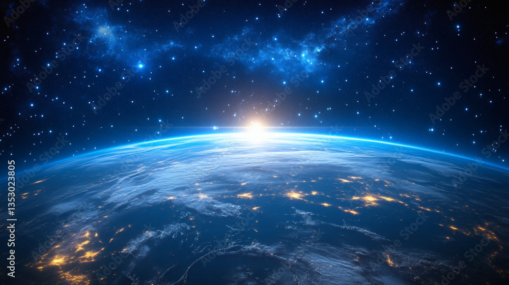 Obraz premium Glowing Earth Orbiting in Deep Space with City Lights and Starry Sky in Dark Blue