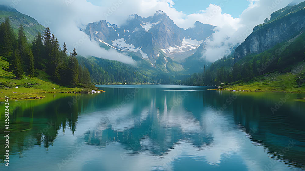 Fototapeta premium Alpine lake reflection, misty mountains, scenic summer vista, travel poster