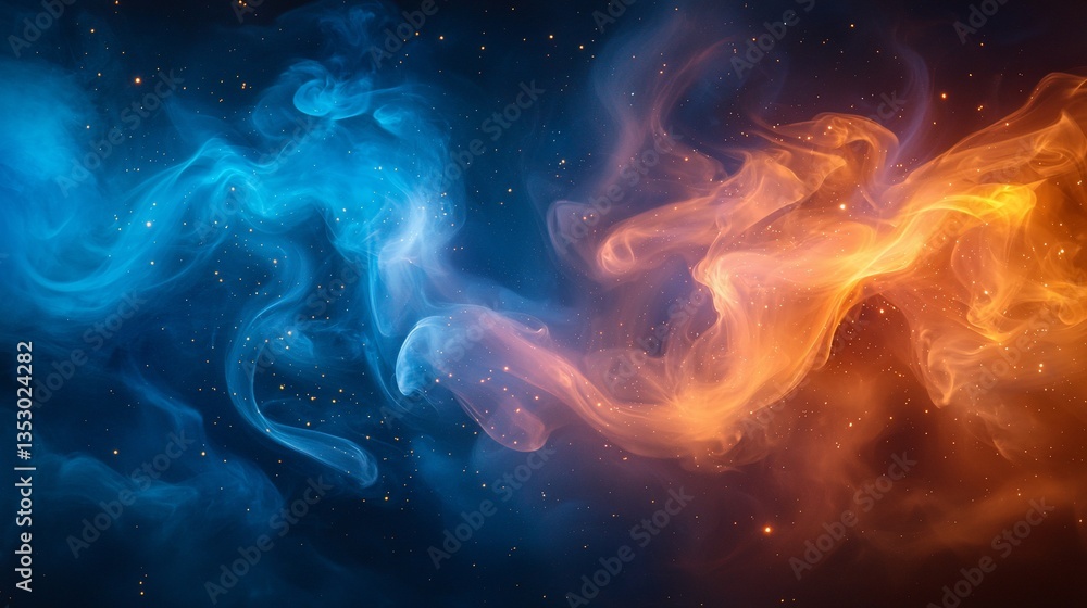 Abstract blue and orange smoke swirls with sparks.