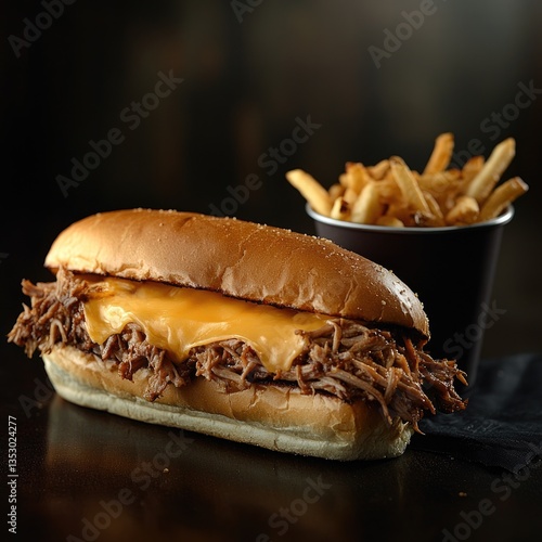 Wallpaper Mural Savory pulled meat sub sandwich with cheese and french fries Torontodigital.ca