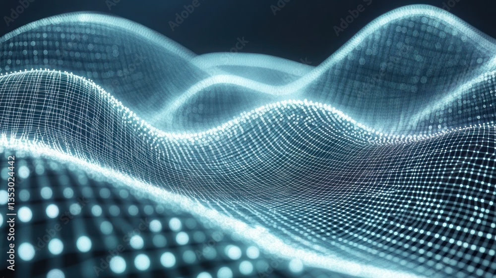 Abstract Digital Waveform with Glowing Lines and Points Representing Data Flow and Technology Concepts in a Futuristic Setting Abstract Digital Waveform with Glowing Lines and Points Representing Data Flow and Technology Concepts in a Futuristic Setting